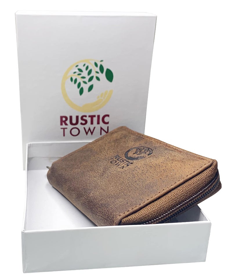 RUSTIC TOWN Leather Key Case Holder - Zippered Key Organizer Wallet with 8 Hooks for Keys, Cash, and Card - Gift for Men and Women (Brown) - Image 3